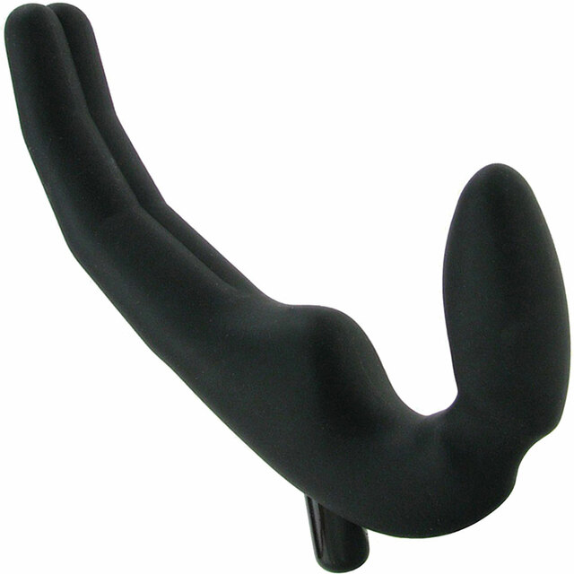 The Wet For Her Four, a double-ended dildo. The wearer inserts the bulb on one end, then the receiver enjoys the insertable that's shaped like two curved fingers. It has a bullet in the hole in the back.
