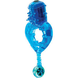 The Shag Factory Swing Ring sits on a white background. It is a blue jelly cockring with a vibrating motor protruding from the top of the ring, and a little tail with a weight dangling from the bottom of the ring.
