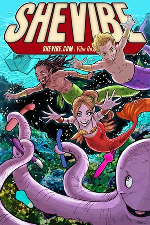 Shevibe banner ad featuring ocean explorers and an octopus holding some sex toys.