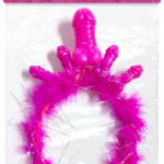 A pink, boa-feathered headband with four tiny pink dicks at the top, two of them on each side of a larger dick with balls.