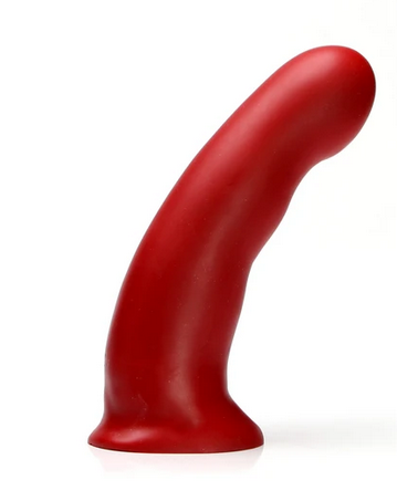A blood-red Tantus General, a thick, smooth, slightly curved insertable