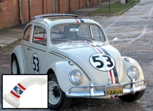 Photo of Herbie the love bug with an image of a screenshopped BS dildo