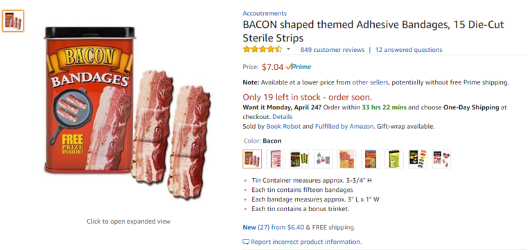 Screenshot of the amazon page for die-cut Bacon-decorated bandaid strips