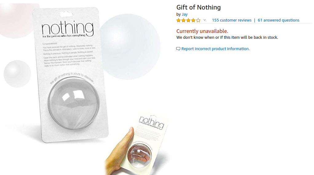 Screenshot of an Amazon Listing for the Gift of Nothing. The product image is an empty plastic ball about the size of a medium Christmas tree ornament that is completely empty.