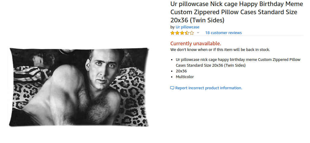 Screenshot of the Amazon listing for a pillow with a black and white picture of Nicholas Cage on it. In the picture, Nicholas is shirtless and reclined on a bed covered in leopard-print sheets. 