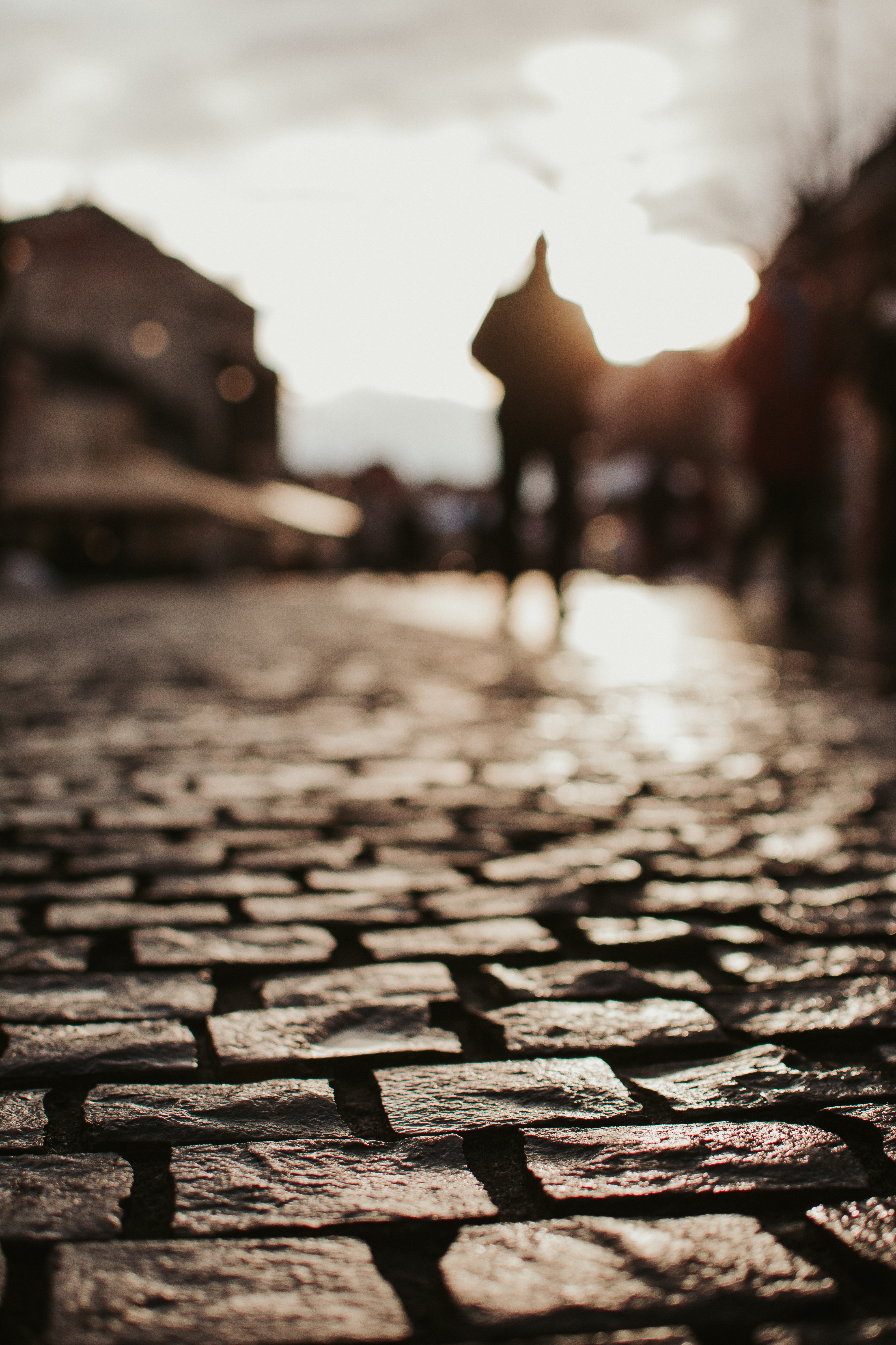 A photo of a person in the distance, appearing to be walking toward tome buildings on a dimly-lit day. The photo is taken from a distance and focuses on the cobblestone pavement the person is walking on in the foreground, rendering the person and the background into blurry silhouettes.