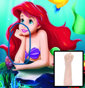 Picture of Ariel from the Disney animated movie The Little Mermaid with her fist circled and a picture of the Belladonna's Bitch Fist sex toy in the corner