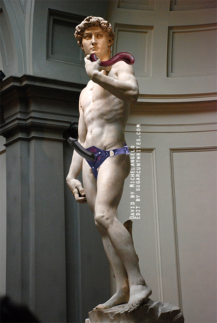 Image composite of the Statue of David with a Tantus harness and strap-on on his hips, and a NobEssence Seducation lying along his arm.