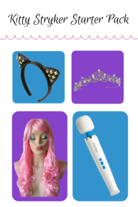 Magic Wand Original, Pink Wig, Tiara, Cat Ear Headband all arranged in different squares in a picture reading "Kitty Stryker Starter Pack"