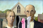 A photoshop of the American Gothic painting by Grant Wood, except the man holding a pitchfork is holding a long, straight pink glass dildo with two curved glass dildos coming out of the side, arranged to look like a pitchfork.