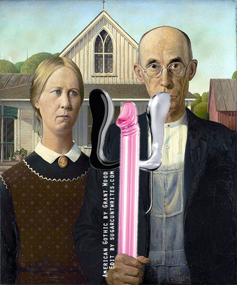 A photoshop of the American Gothic painting by Grant Wood, except the man holding a pitchfork is holding a long, straight pink glass dildo with two curved glass dildos coming out of the side, arranged to look like a pitchfork.