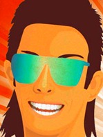 A vector illustration of a smiling white man in teal sunglasses, smiling. He appears to have a mullet. Do not trust him.
