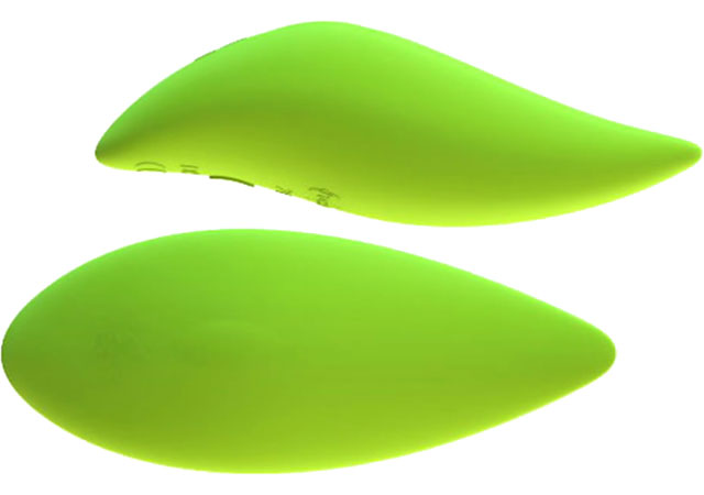 Product photo of the side and top of the Leaf Life. It has no buttons over the silicone skin of the toy, instead it is a smooth, leaf-shaped vibrator with a visible raised button on the back.