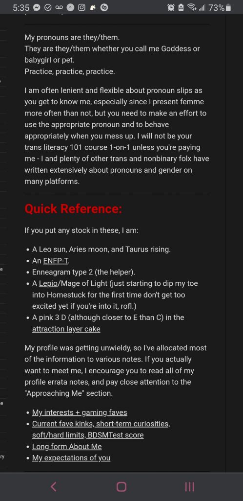 Screenshot of Sugar's very wordy and organized Fetlife profile which includes a paragraph that specifically states their pronouns (they/them) and some of the common honorifics they use, then at the bottom there are links to notes where all the separate information about them have been allocated for profile length and readability.