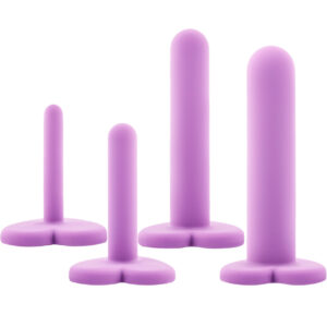 Photo of the Blush Silicone Wellness Dilator Kit, 4 smooth insertables of various sizes with heart-shaped bases.