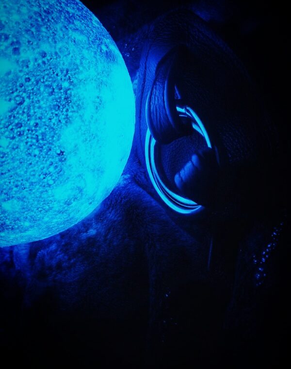 Photo of the Unicorn Novelties hand harness on a dark blanket beside a blue moon lamp providing all the illumination in the photo